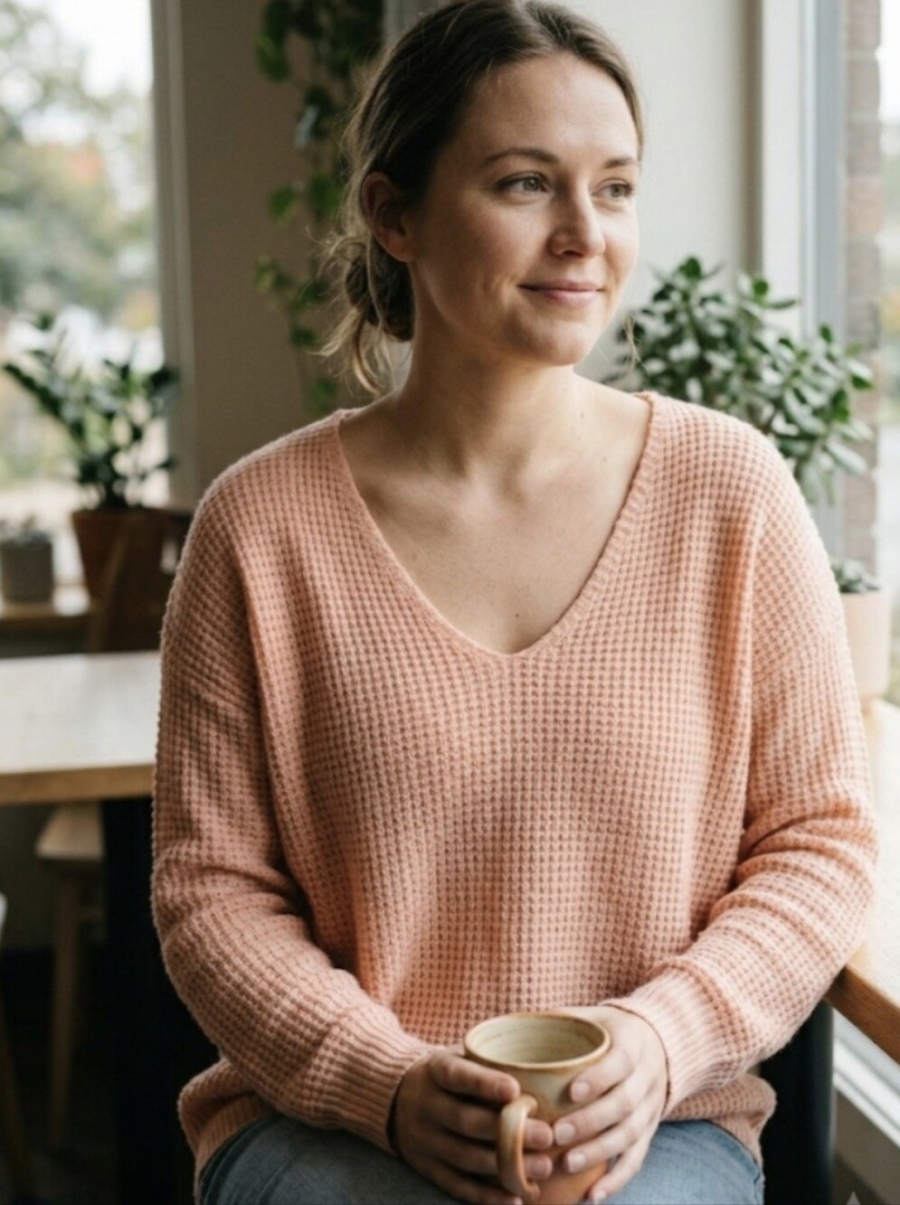 Soft Peach Waffle Knit V-Neck Sweater | Casual Oversized Size Medium